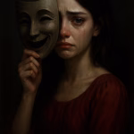 Sad woman holding a mask.