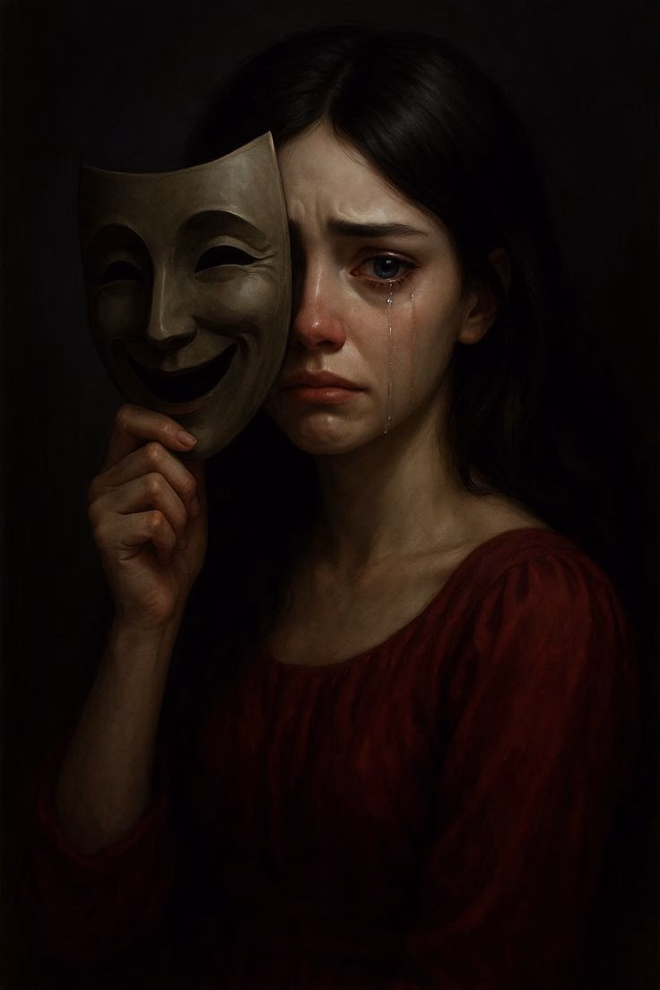Sad woman holding a mask.